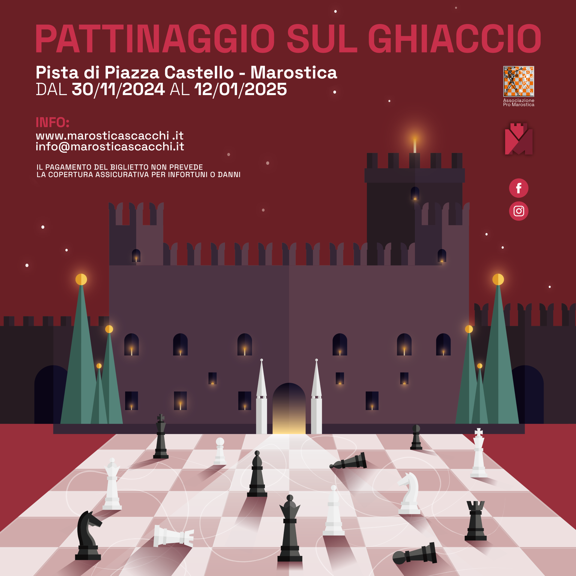 Torna la magia del Natale: pattinare sul ghiaccio a Marostica!<br />
<strong>Dal 30 novembre 2024 al 12 gennaio 2025</strong>, Piazza degli Scacchi si trasforma in uno spettacolo incantato.