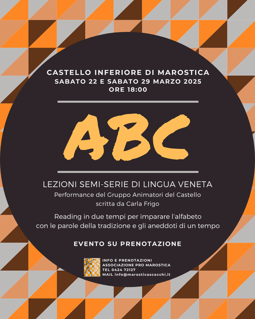 <p>ABC è una doppia lezione semi seria rivolta a tutti coloro che non conoscono o vogliono riscoprire insieme sorridendo l'alfabeto veneto.<br />
Lo intervallano storie, aneddoti, proverbi e modi di dire della più autentica tradizione “marostegana”.</p>
