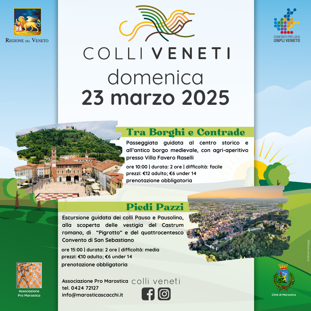 <p>Domenica 23 marzo torna la Giornata Regionale per i colli veneti, un'occasione per ammirare il risveglio della natura, passeggiando tra la storia e le opere d'arte custodite nelle colline, nei borghi e nelle contrade di Marostica.</p>

<p>E allora ecco due proposte per promuovere insieme il patrimonio culturale, storico, naturalistico ed enogastronomico di Marostica!</p>
